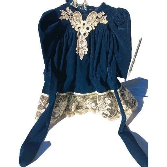Sz 2T JoLene Girls Vintage 80s Velvet Dress Victorian Style Navy Blue Holiday - Picture 2 of 16